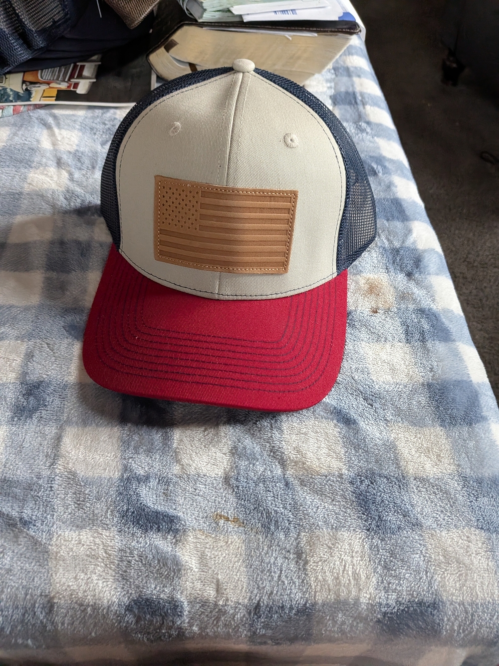 Source Unknown Red, Navy and Cream American Flag Trucker Hat